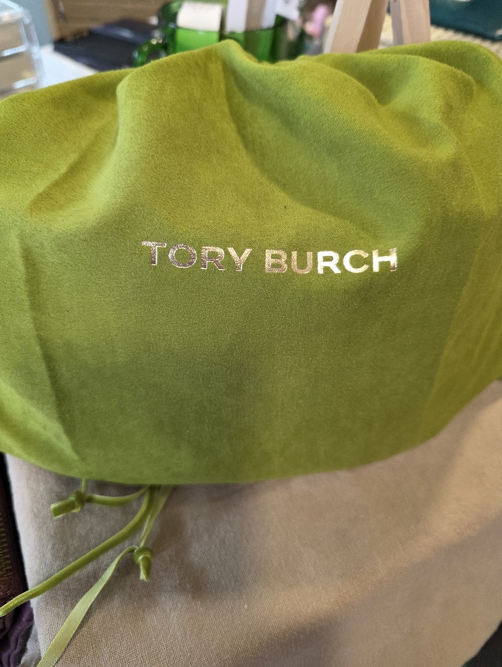 Tory Burch Bright Lime Green Velvet Drawstring Dust Bag Brand New With Tags